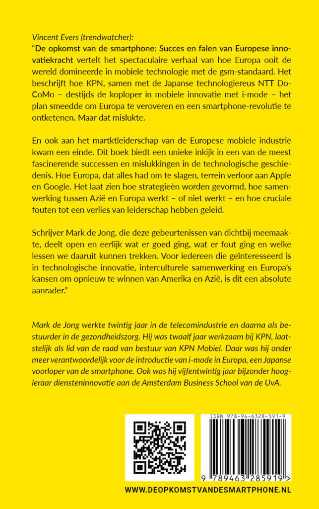 De achterkant van het boek over de opkomst van de smartphone: succes en falen van Europese innovatiekracht.